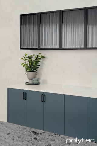 Polytec - Cabinets in Habitat Venette, Island Benchtop in Vesuvius Ceppo Smooth, Benchtop in Portland Stone Smooth.