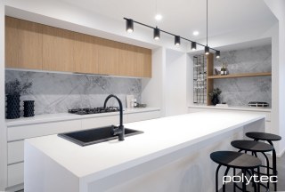 Polytec - Doors and panels in Boston Oak Woodmatt,  and Polar White Matt.