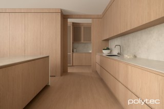 Polytec - Doors and panels in Blonde Oak Woodmatt, Benchtops in White Cement Smooth.