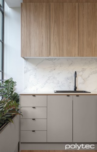 Polytec - Base doors and panels in Stone Grey Matt, Countertop and splashback in Marmo di Monte Smooth.