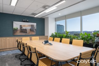 Polytec - Table and wall unit in Prime Oak Matt.