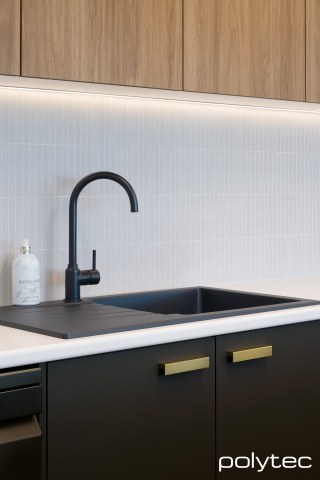 Polytec - Doors in Cinder Matt, Overhead cupboards in Prime Oak Matt, Benchtop in Chambord Matt.