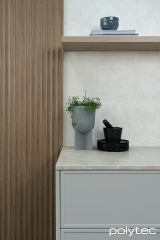 Polytec - Splashback in White Cement Smooth, Benchtop in Portofino Stone Smooth.