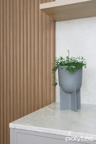 Polytec - Splashback in White Cement Smooth, Benchtop in Portofino Stone Smooth.