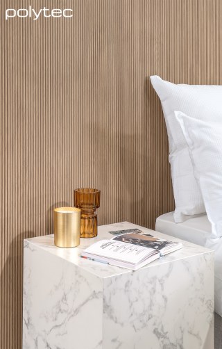 Polytec - Wall lining in Batten Oak Woodmatt, Bedside table in Marmo di Monte Smooth.