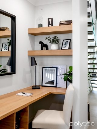 Polytec - Desk and shelving in Tasmanian Oak Matt.