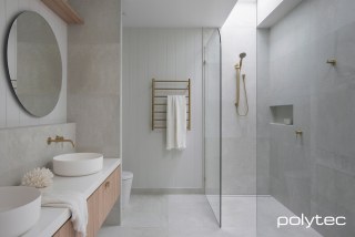 Polytec - Vanity & Shelving in Natural Oak Ravine.