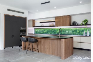 Polytec - Drawers	 in Bespoke Legato, Panels  in Notaio Walnut Ravine, Doors in Black Venette.