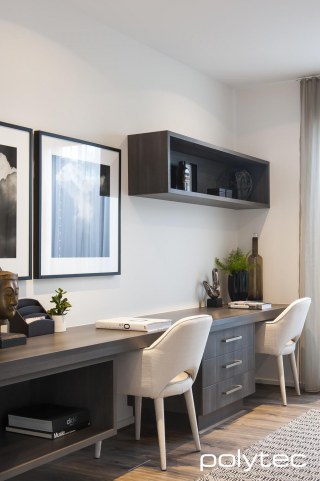 Polytec - Desktop, drawers and shelving in Char Oak Matt.