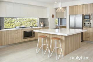 Polytec - Overhead cupboards in Classic White Matt, Door, drawers and panels in Natural Oak Ravine.