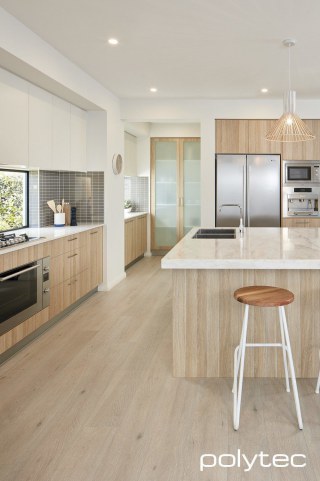 Polytec - Overhead cupboards in Classic White Matt, Doors, drawers and panels in Natural Oak Ravine.