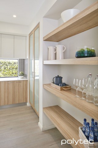Polytec - Overhead cupboards in Classic White Matt, Shelving, base and pantry doors in Natural Oak Ravine.