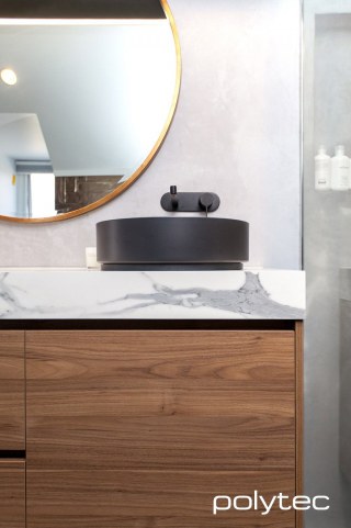 Polytec - Vanity in Notaio Walnut Matt,  and Calacutta Grey Smooth.
