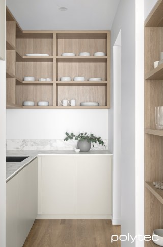 Polytec - Doors in Avion Grey Matt, Shelving in Maison Oak Ravine.