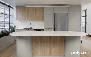 Polytec - Doors and panels in Stone Grey Matt, Benchtop and splashback in Marmo di Monte Smooth.